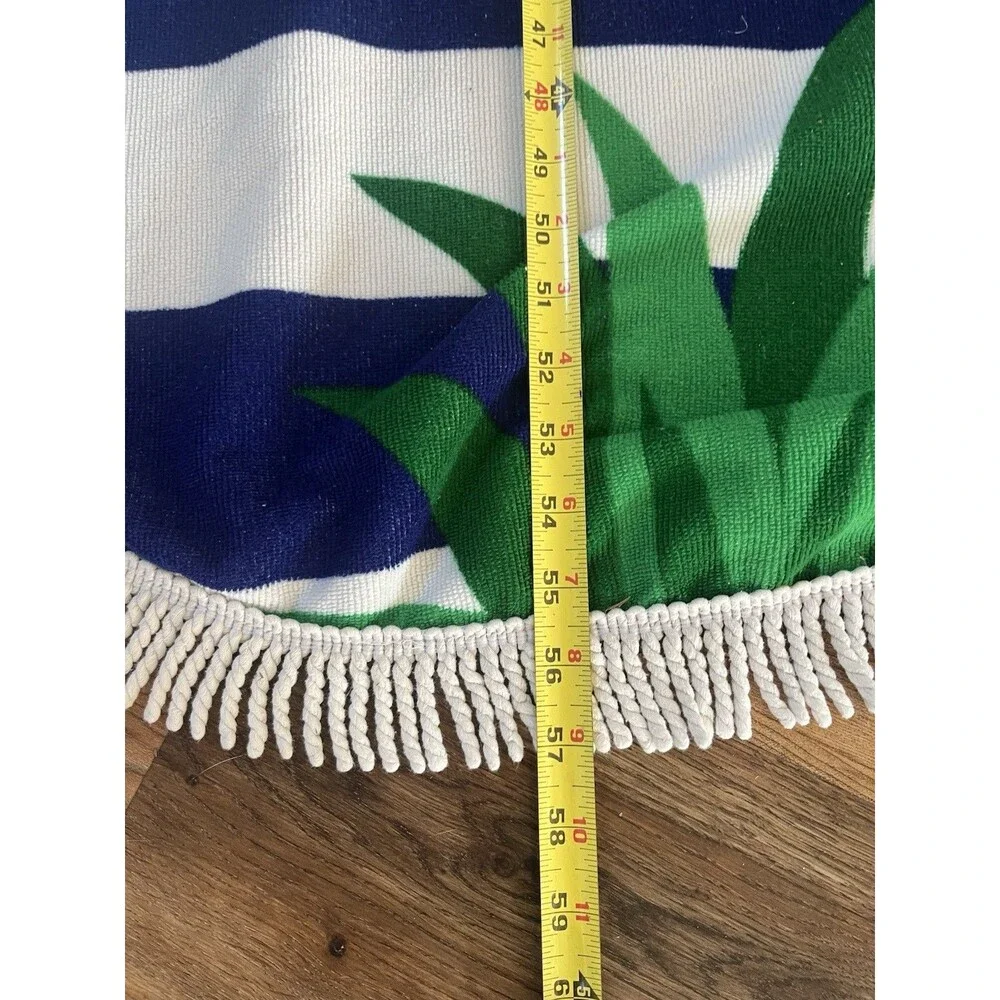 Round Pineapple Beach Towel 60” Navy White Stripe Fringe Pool Picnic Blanket